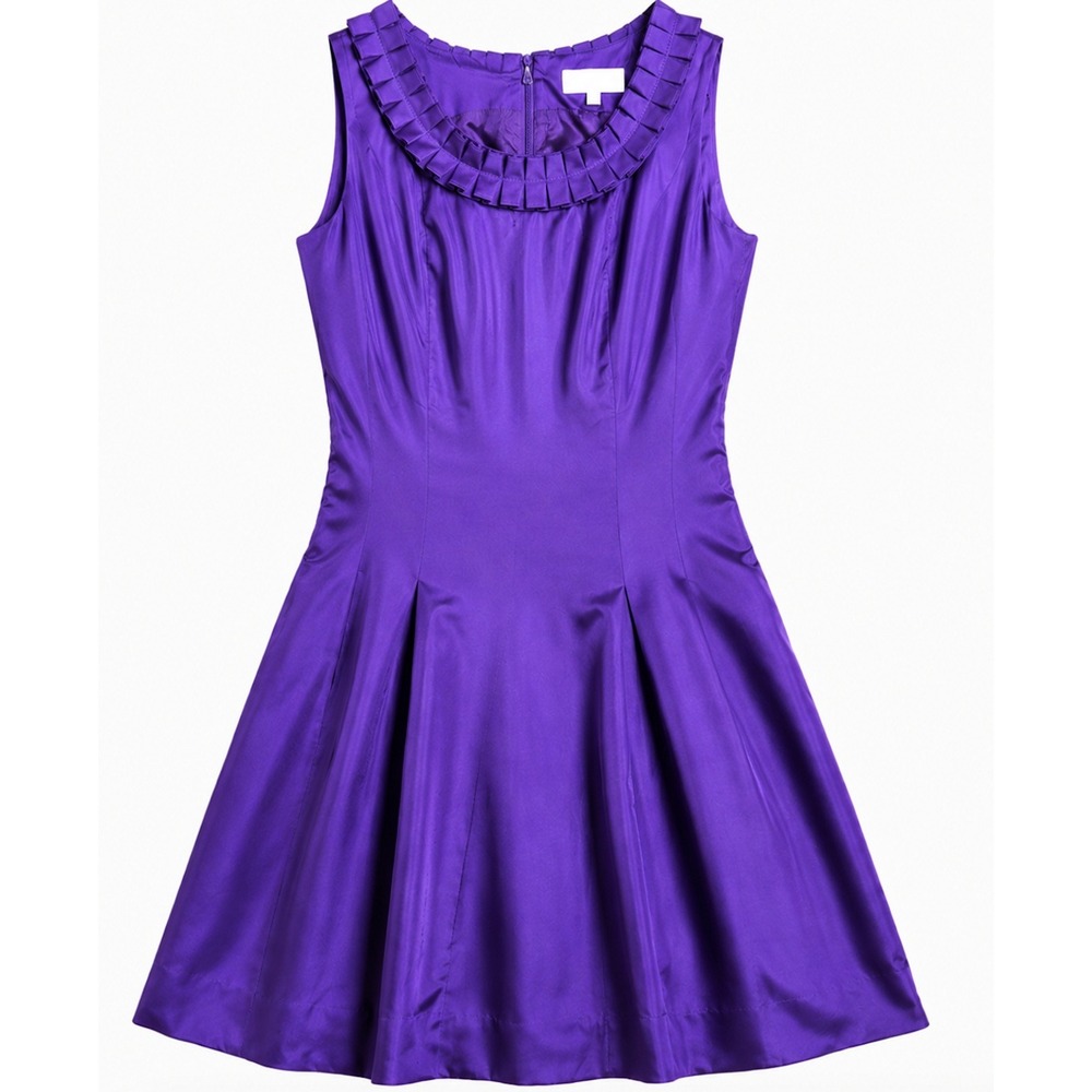 Badgley Mischka Purple Silk Pleated Fit Flare Sleeveless Cocktail Dress Size 4